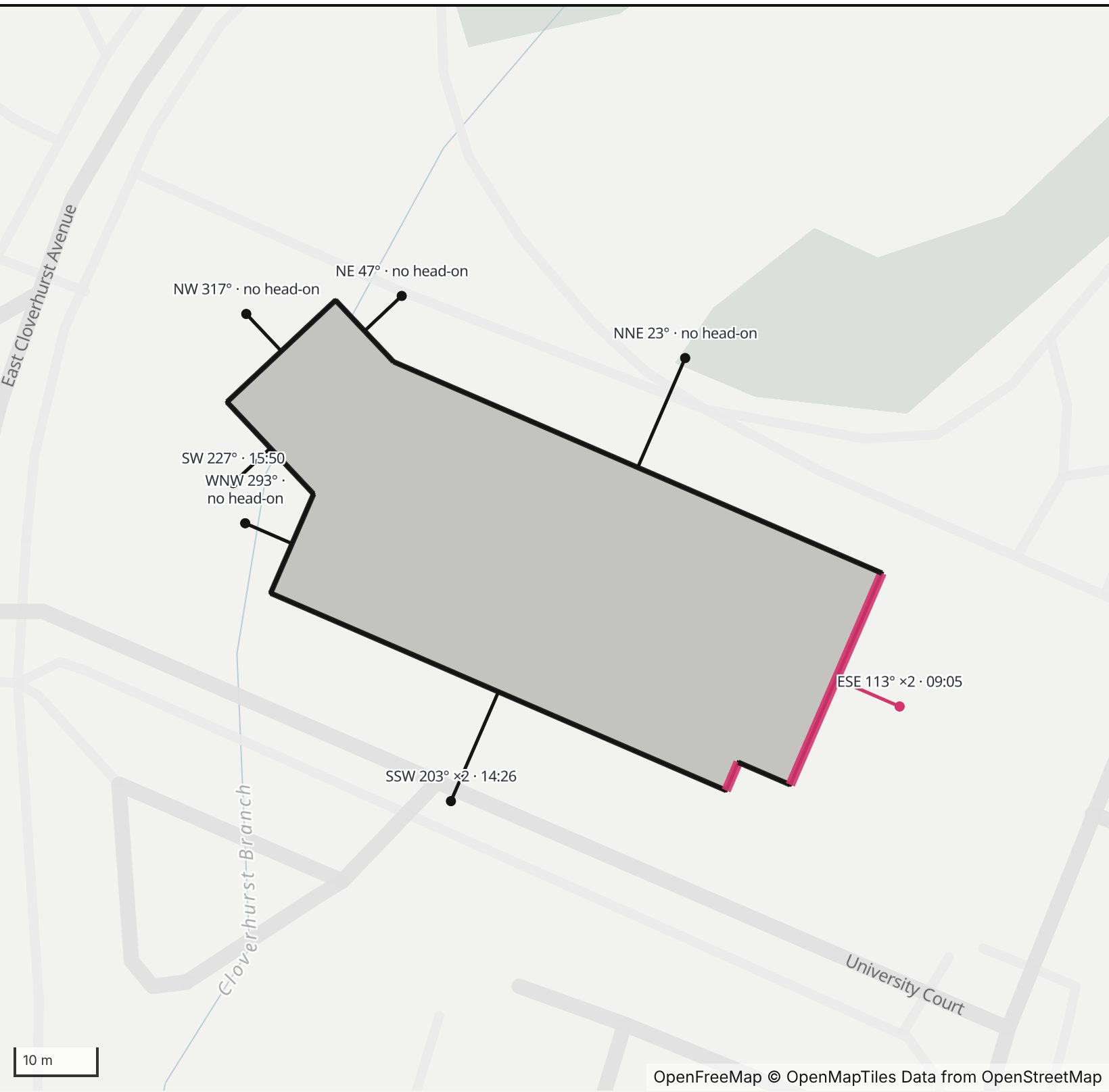 Map of the Dining, Learning and Well-being Center at University Court and East Cloverhurst Avenue in Henge Days, with its east-southeast wall highlighted in pink and every wall labeled with its bearing.