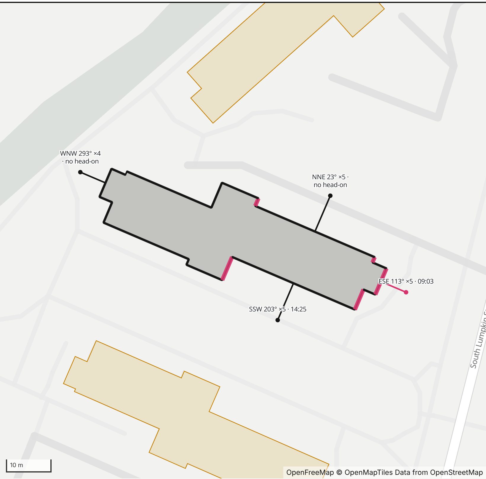 Map of Church Hall in Henge Days, with the east-southeast wall highlighted and every wall labeled with its bearing