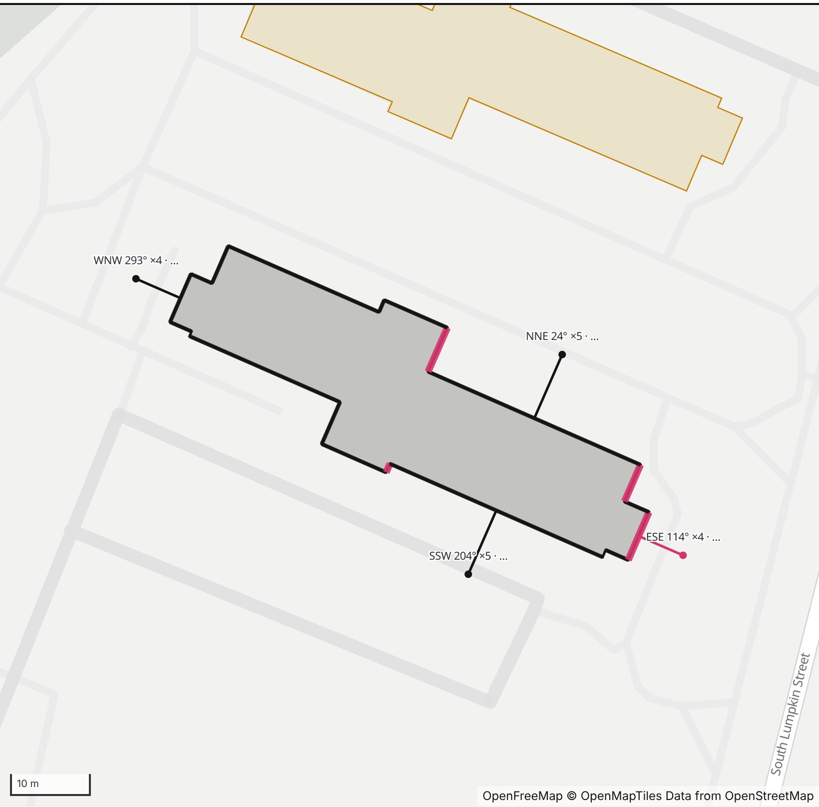 Map of Boggs Hall in Henge Days, with the east-southeast wall highlighted and every wall labeled with its bearing