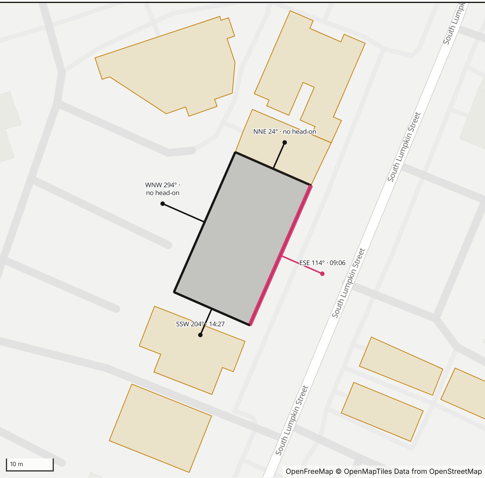 Map of The apartment building on South Lumpkin Street in Five Points in Henge Days, with the east-southeast wall highlighted and every wall labeled with its bearing