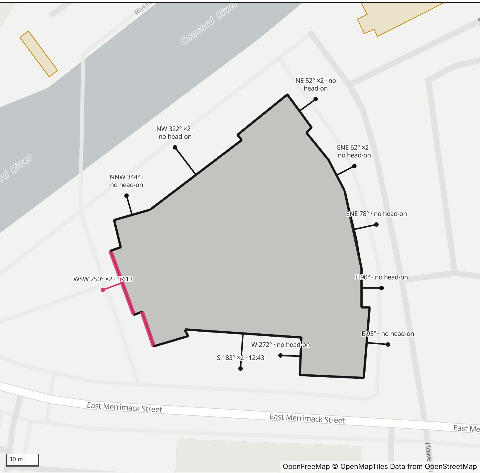 Map of Lowell Memorial Auditorium in Henge Days, with the west-southwest wall highlighted and every wall labeled with its bearing