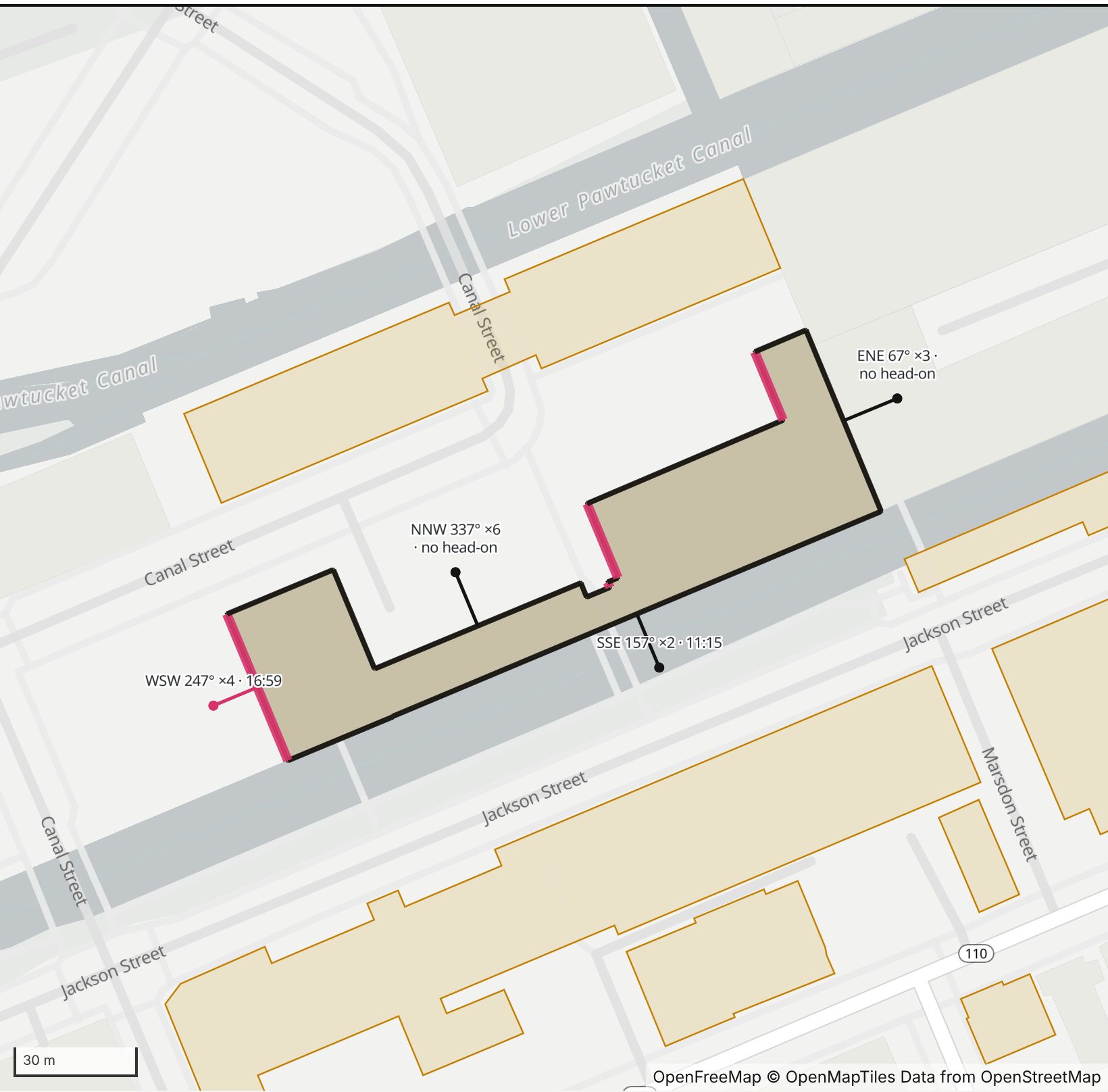 Map of Appleton Mills in Henge Days, north up, between the Lower Pawtucket Canal and the Hamilton Canal, with its west-southwest walls highlighted in pink and every wall labeled with its bearing.