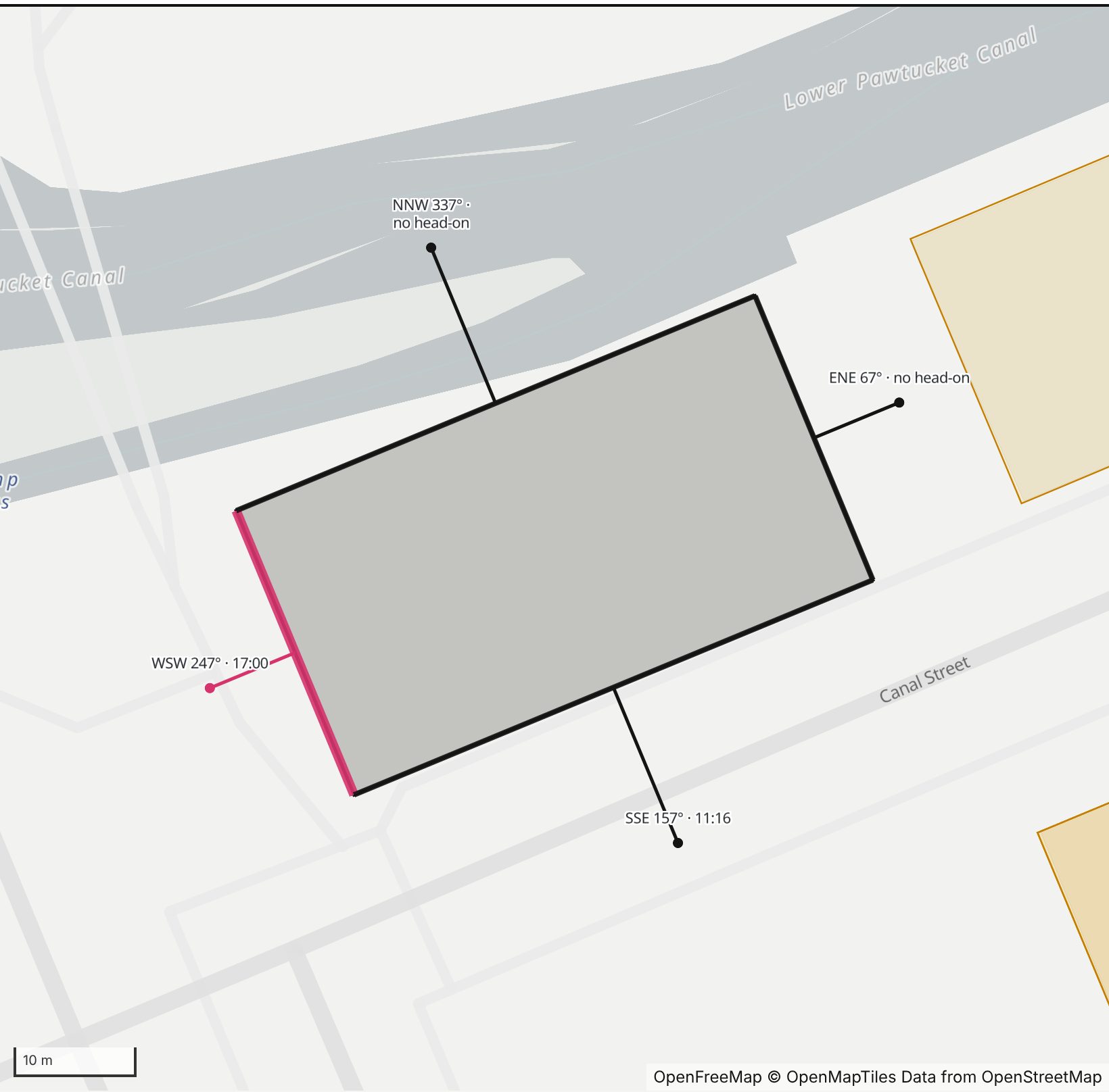 Map of UMass Lowell Innovation Hub in Henge Days, with the west-southwest wall highlighted and every wall labeled with its bearing