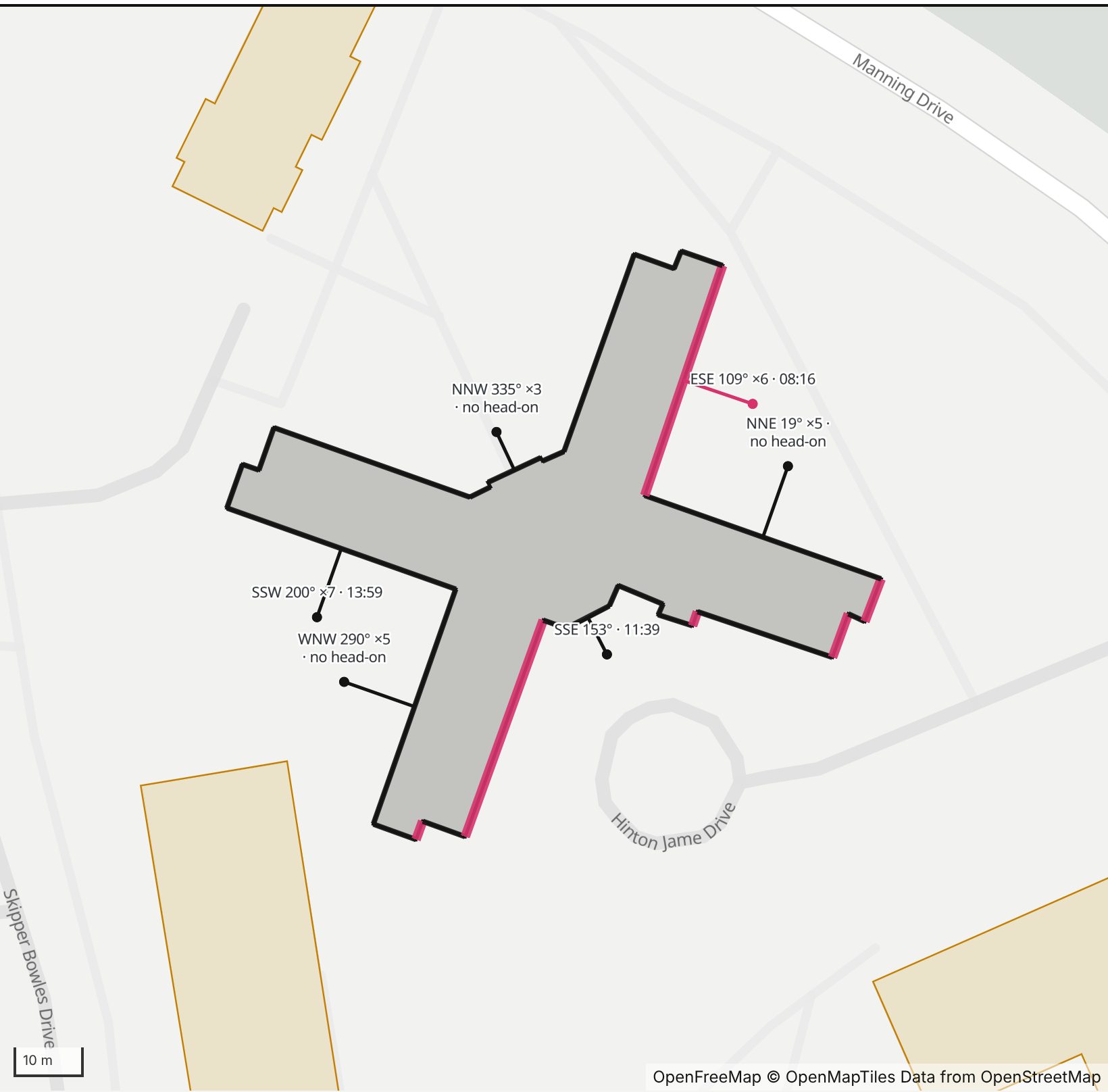 Map of Hinton James Residence Hall on South Campus in Henge Days, with its east-southeast wall highlighted in pink and every wall labeled with its bearing.