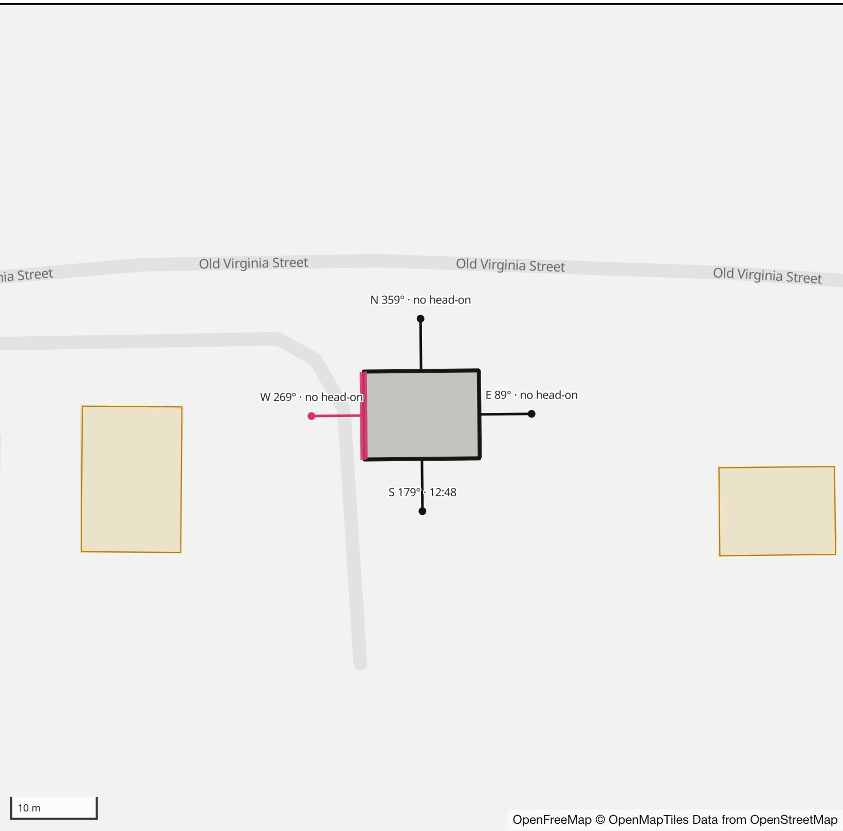 Map of James Mills Storehouse in Henge Days, with the west wall highlighted and every wall labeled with its bearing