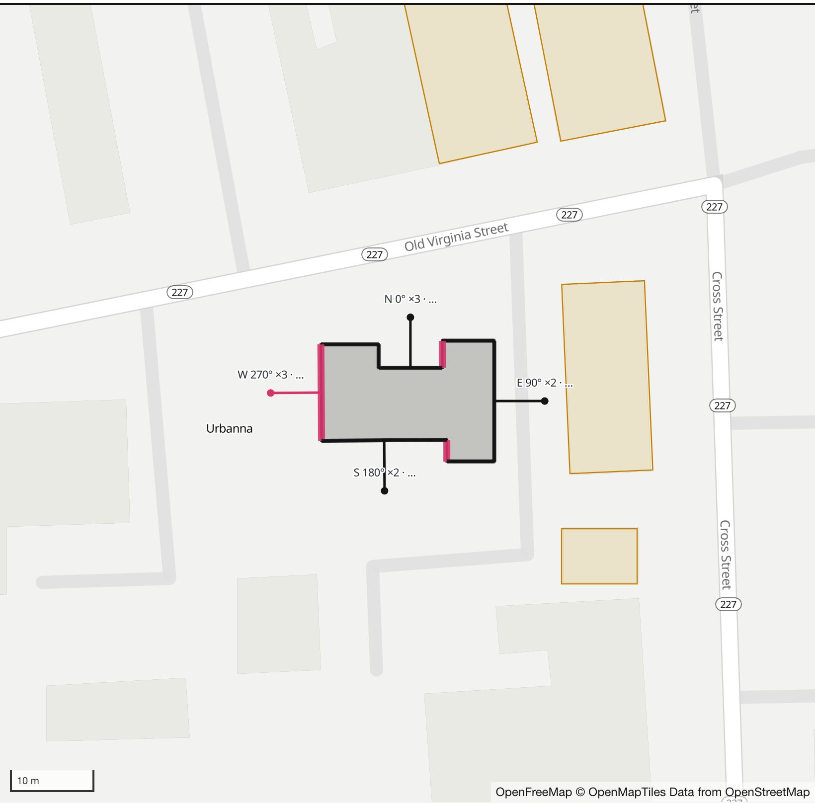 Map of Old Middlesex County Courthouse in Henge Days, with the west wall highlighted and every wall labeled with its bearing