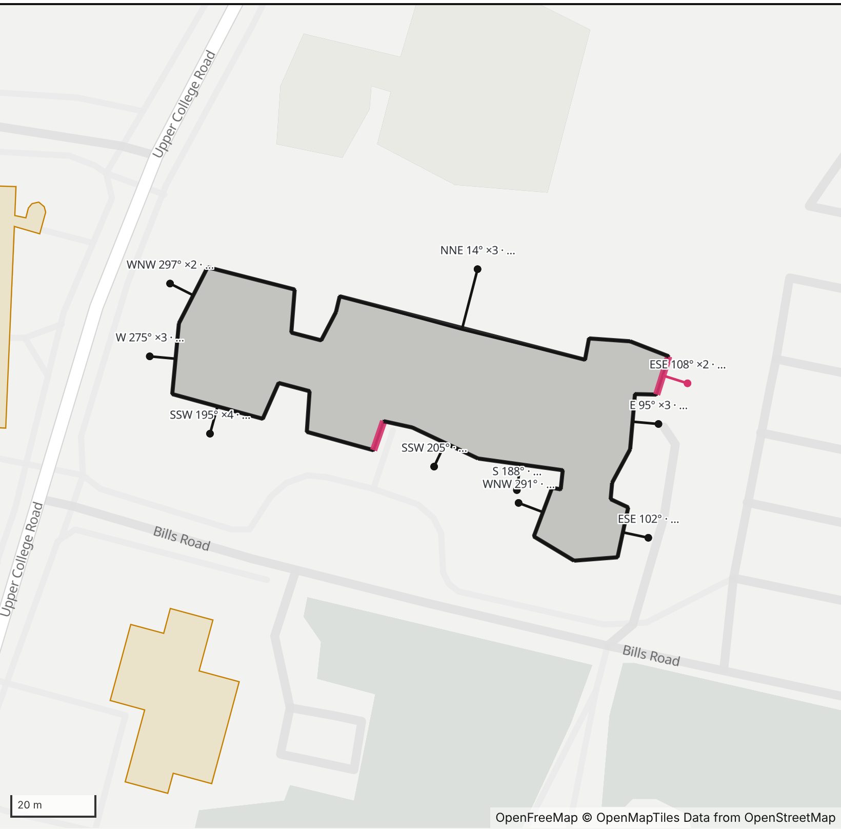 Map of Fine Arts Center in Henge Days, with the east-southeast wall highlighted and every wall labeled with its bearing