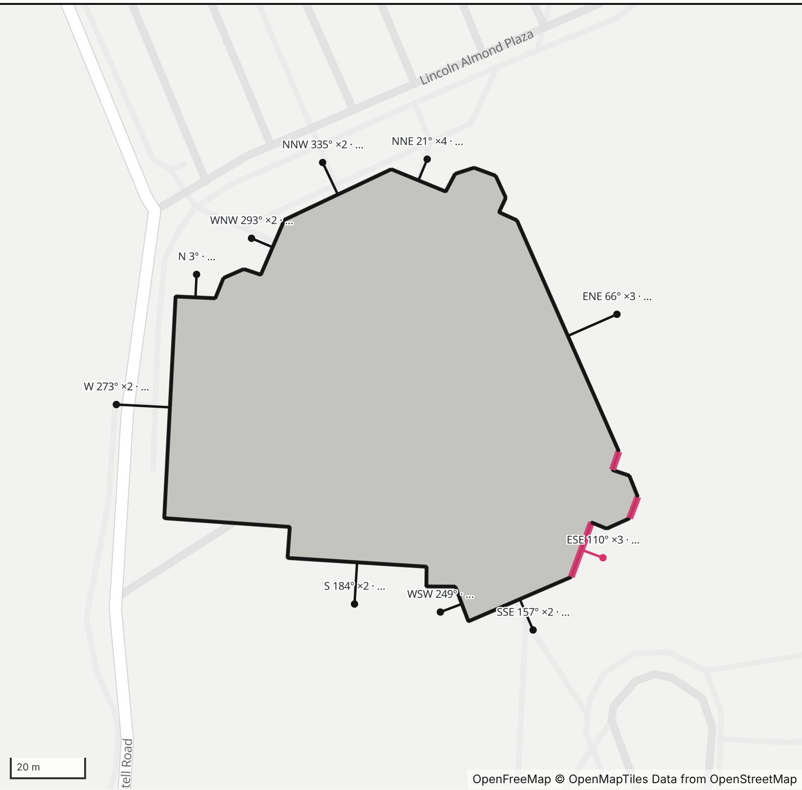Map of Ryan Center in Henge Days, with the east-southeast wall highlighted and every wall labeled with its bearing