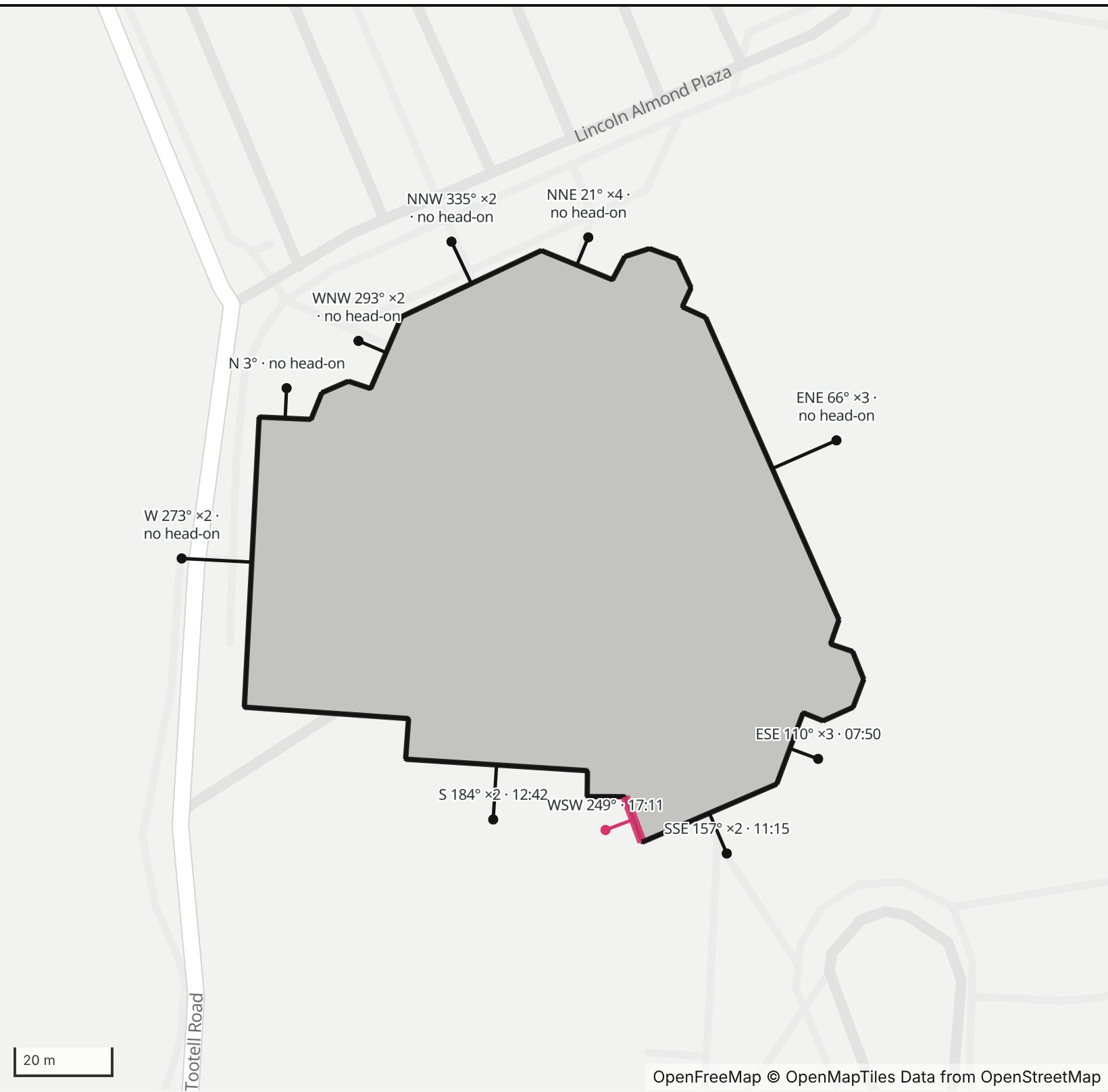 Map of Ryan Center in Henge Days, with the west-southwest wall highlighted and every wall labeled with its bearing