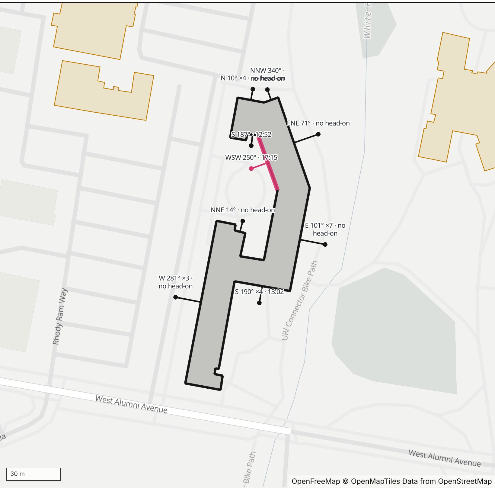 Map of Brookside on Flagg Road in Henge Days, north up, with its west-southwest wall highlighted in pink and every wall labeled with its bearing.