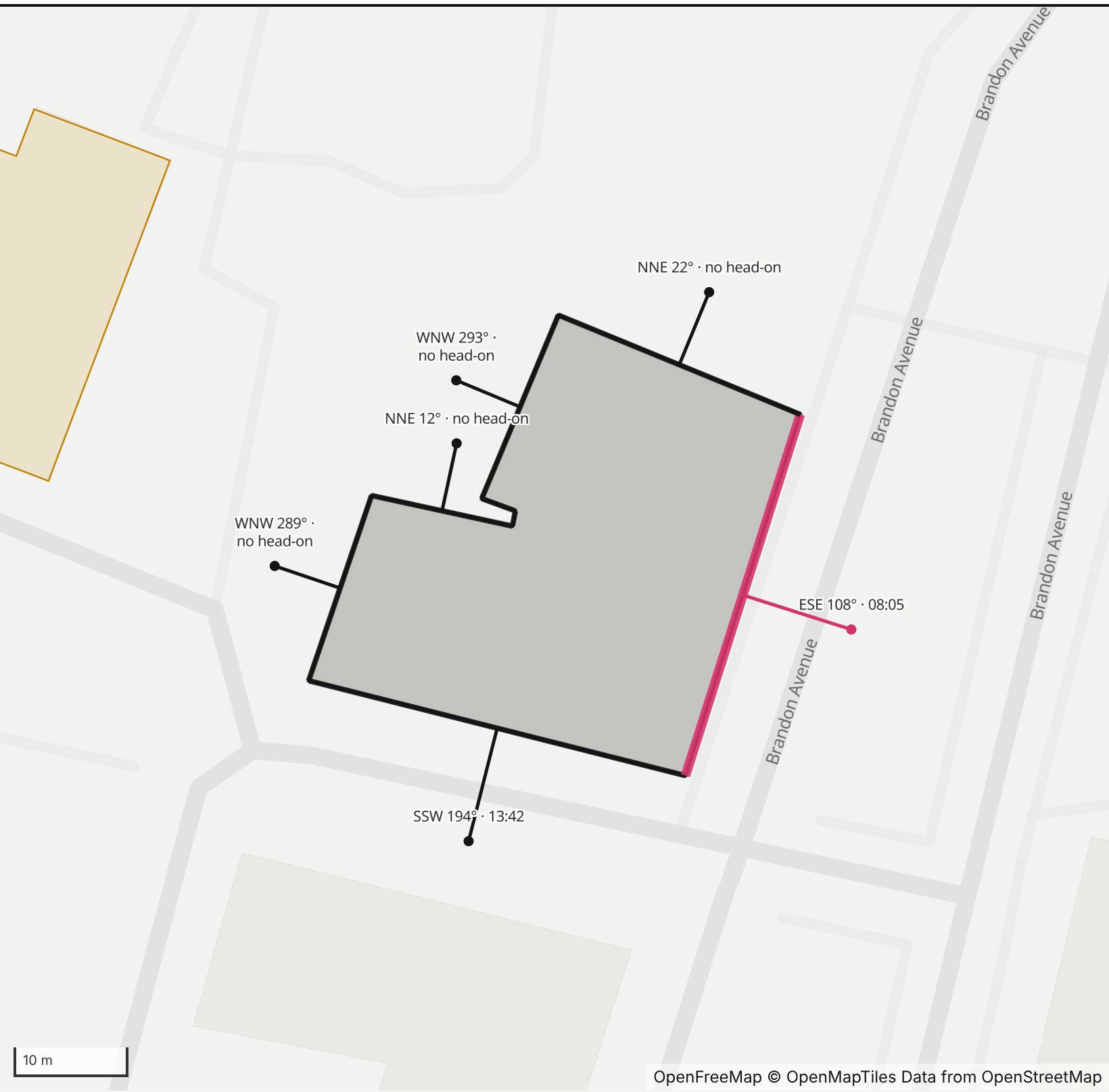 Map of Ramazani House on Brandon Avenue in Henge Days, with its east-southeast wall highlighted in pink and every wall labeled with its bearing.