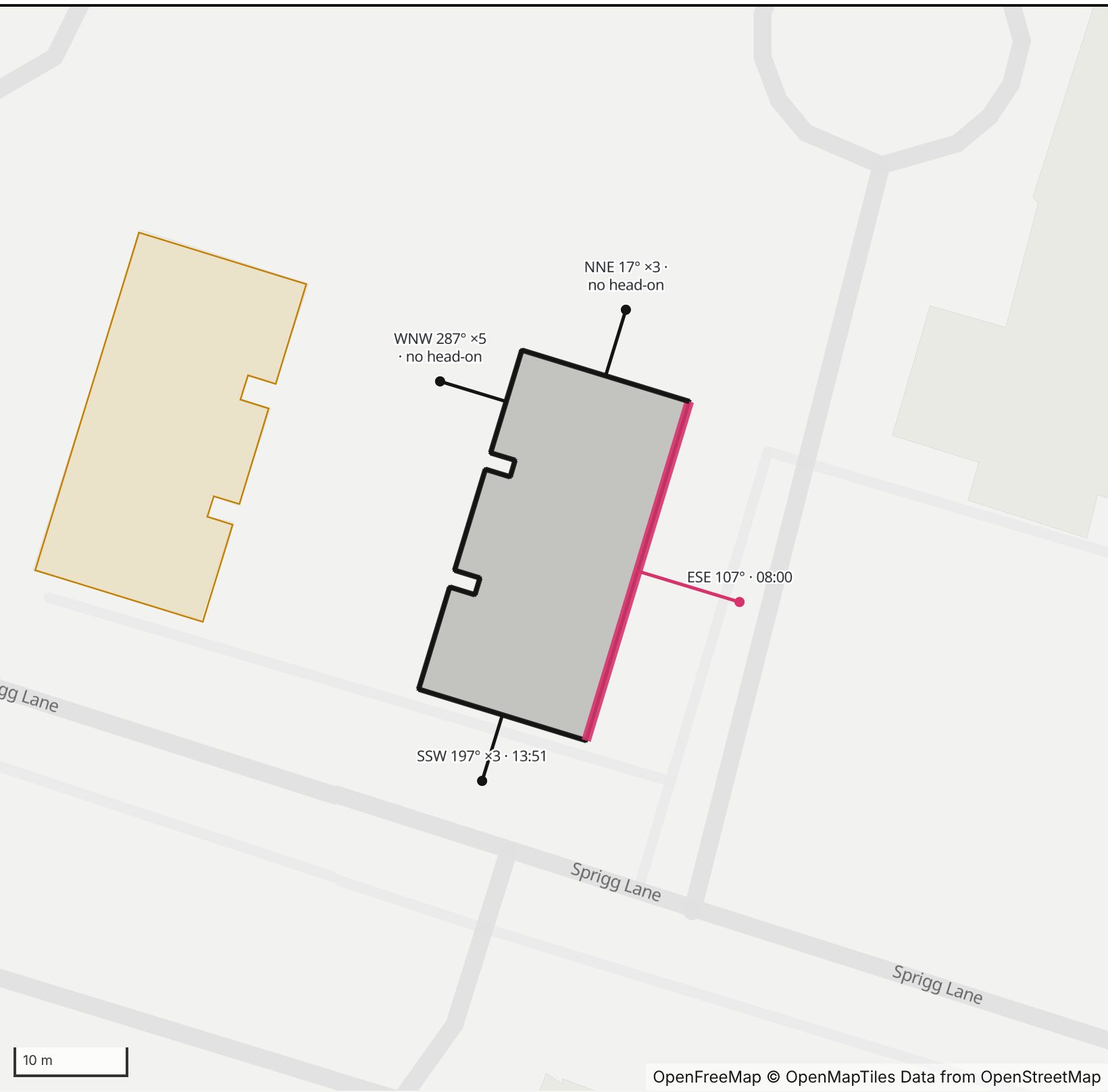 Map of Yen House in Henge Days, with the east-southeast wall highlighted and every wall labeled with its bearing