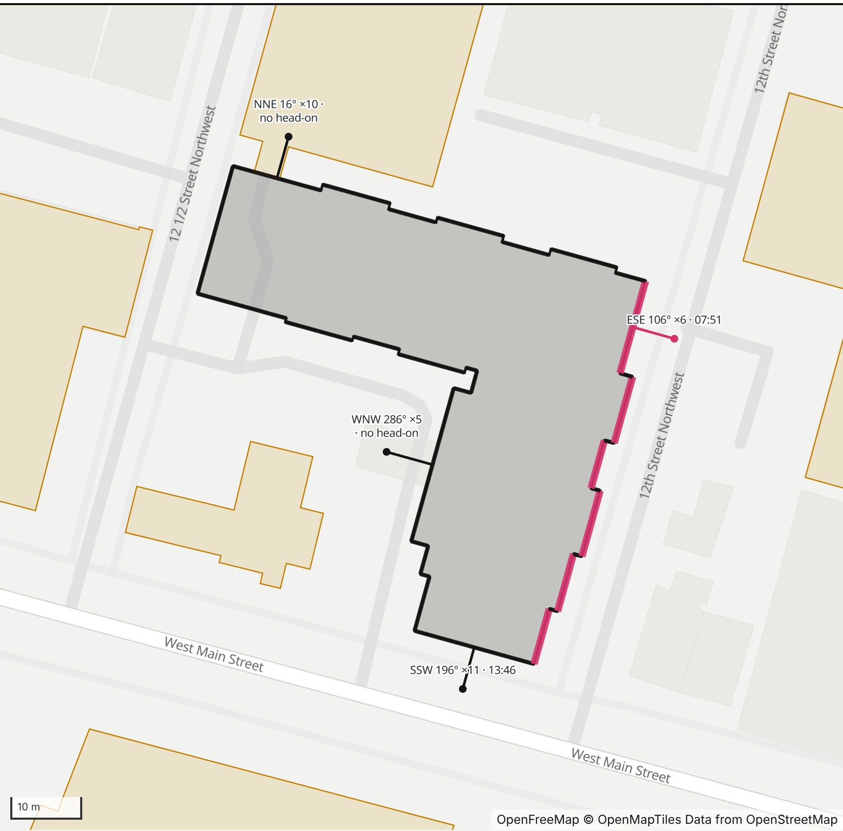 Map of Corner Village in Henge Days, with the east-southeast wall highlighted and every wall labeled with its bearing