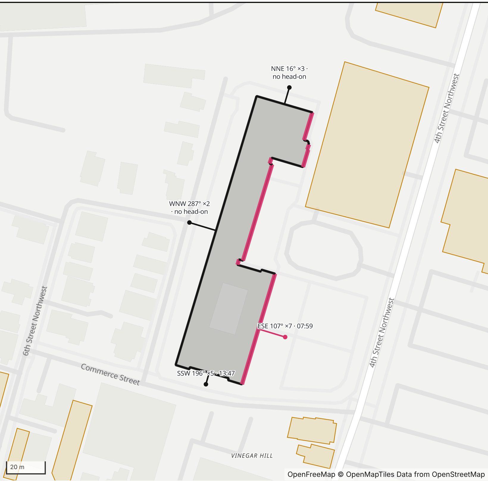 Map of Courtyard Charlottesville University Medical Center in Henge Days, with the east-southeast wall highlighted and every wall labeled with its bearing