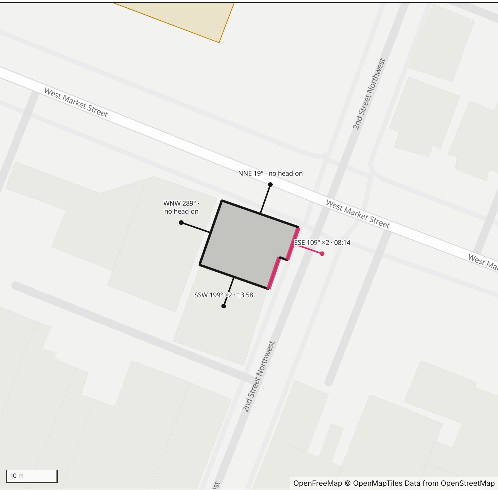 Map of Jefferson School City Center in Henge Days, with the east-southeast wall highlighted and every wall labeled with its bearing