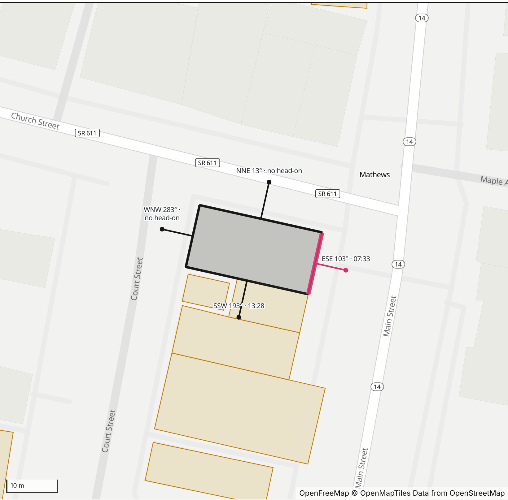 Map of The Halcyon Building in Henge Days, with the east-southeast wall highlighted and every wall labeled with its bearing