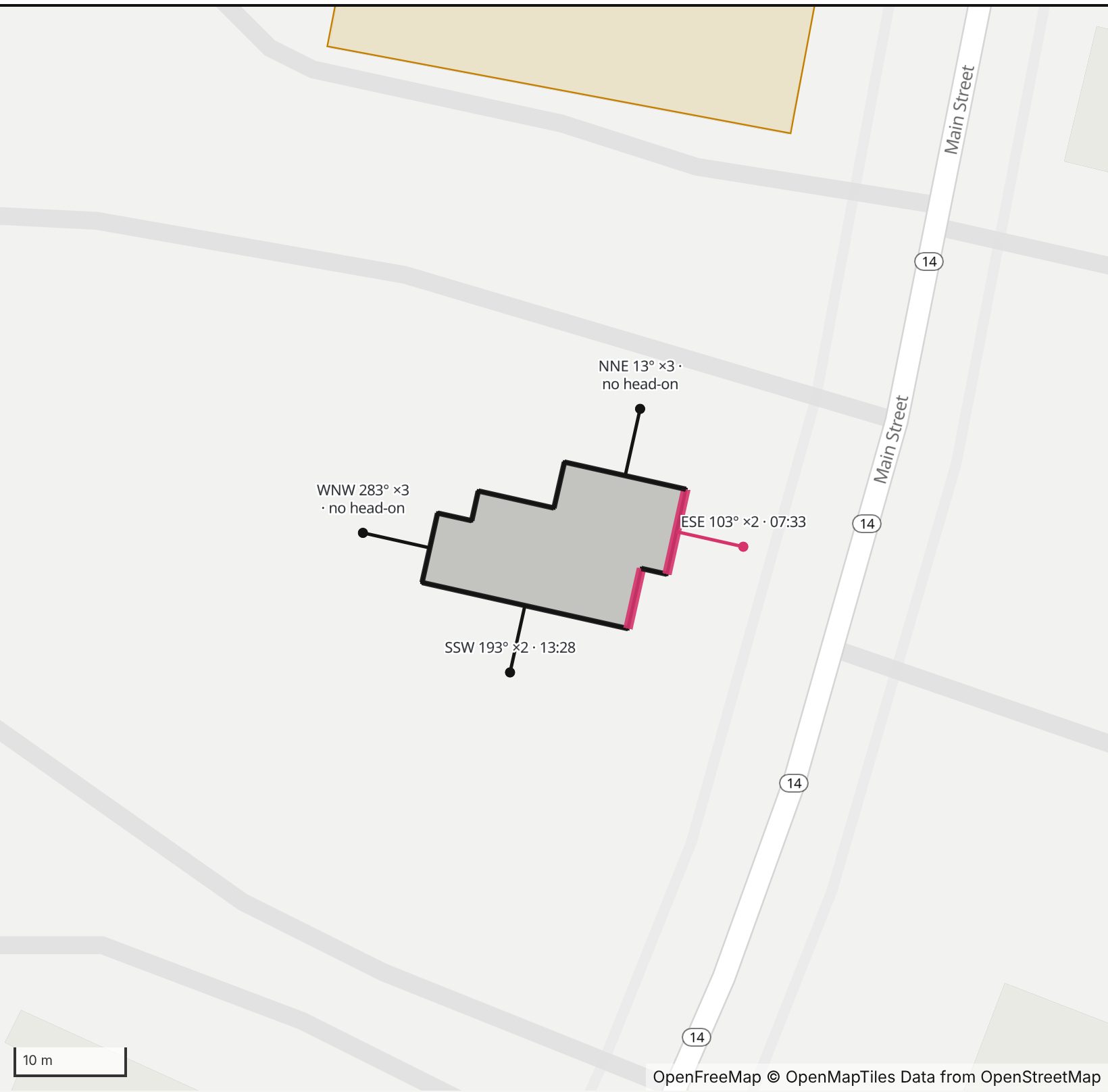 Map of Kingston Parish House in Henge Days, with the east-southeast wall highlighted and every wall labeled with its bearing