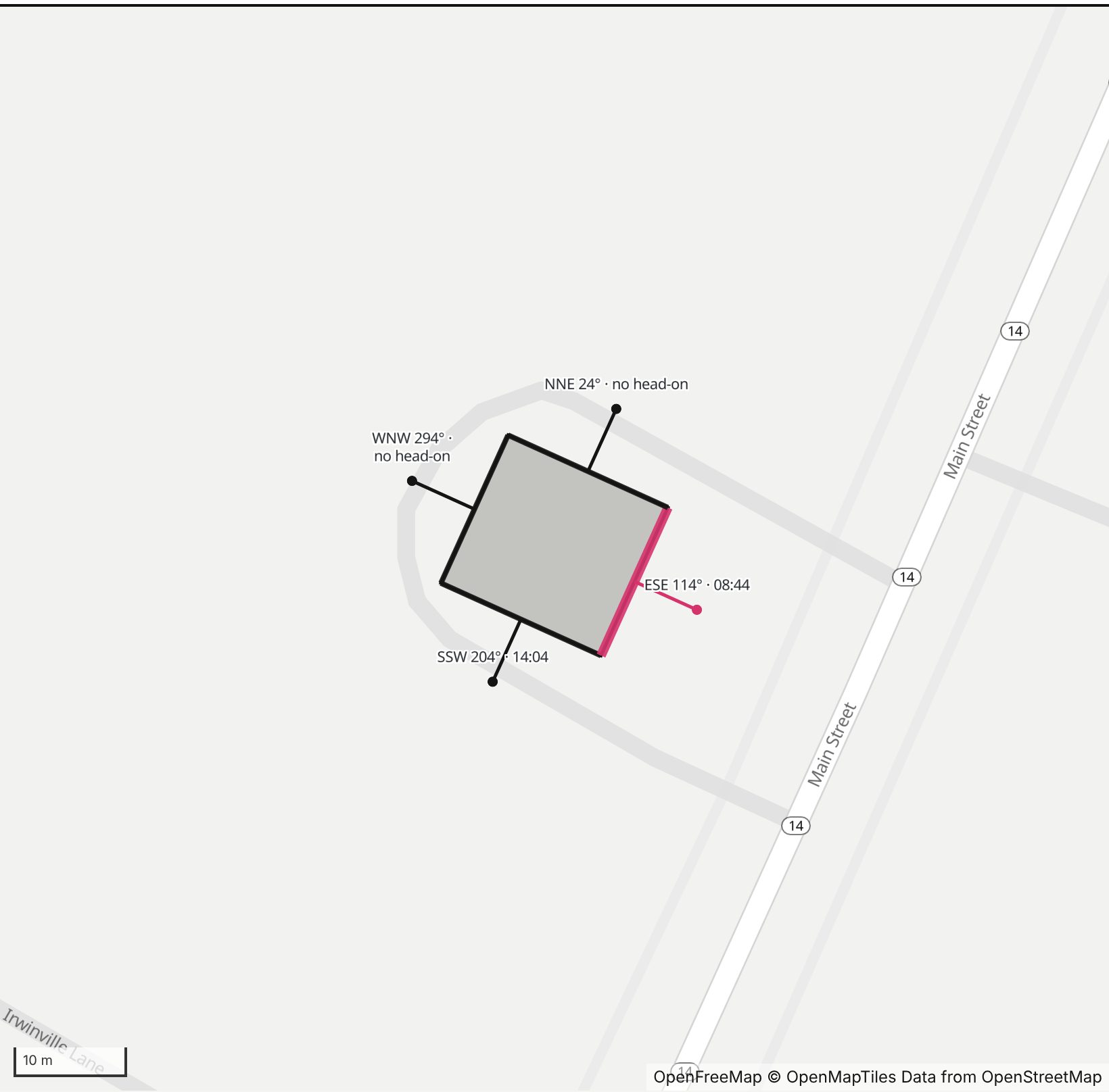 Map of Mathews Maritime Museum in Henge Days, with the east-southeast wall highlighted and every wall labeled with its bearing