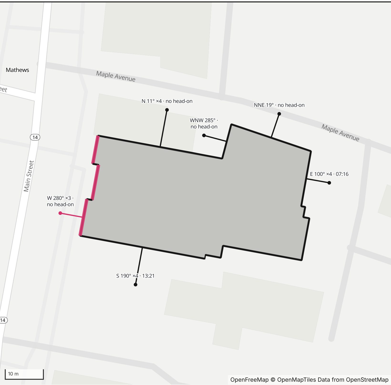 Map of Mathews Memorial Library in Henge Days, with the west wall highlighted and every wall labeled with its bearing