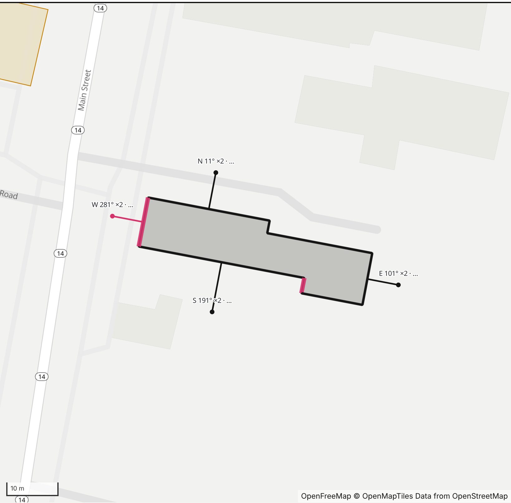 Map of Bay School Community Arts Center in Henge Days, with the west wall highlighted and every wall labeled with its bearing