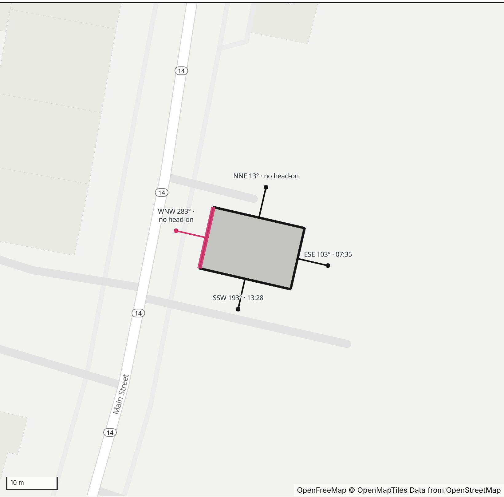 Map of Oriental Lodge No. 20 in Henge Days, with the west-northwest wall highlighted and every wall labeled with its bearing
