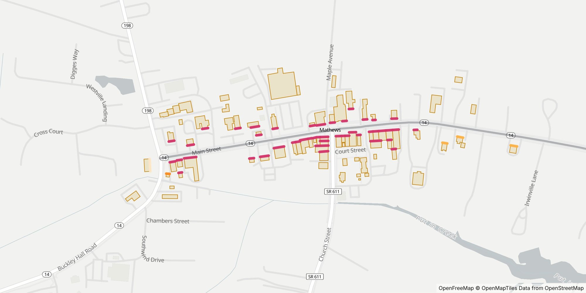 Map of Main Street in Mathews, Virginia, turned so the street runs left to right, with the walls the sun lines up with on October 24 marked in pink.